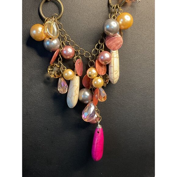 Statement Multi-Bead Chunky Necklace With Pink Pendant - Picture 2 of 5